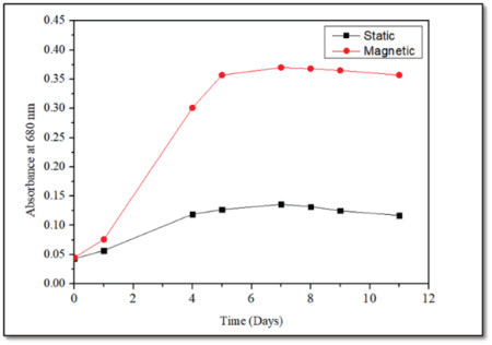 Growth curve for absorbance at 680 nm for static and magnetic stirrer condition.