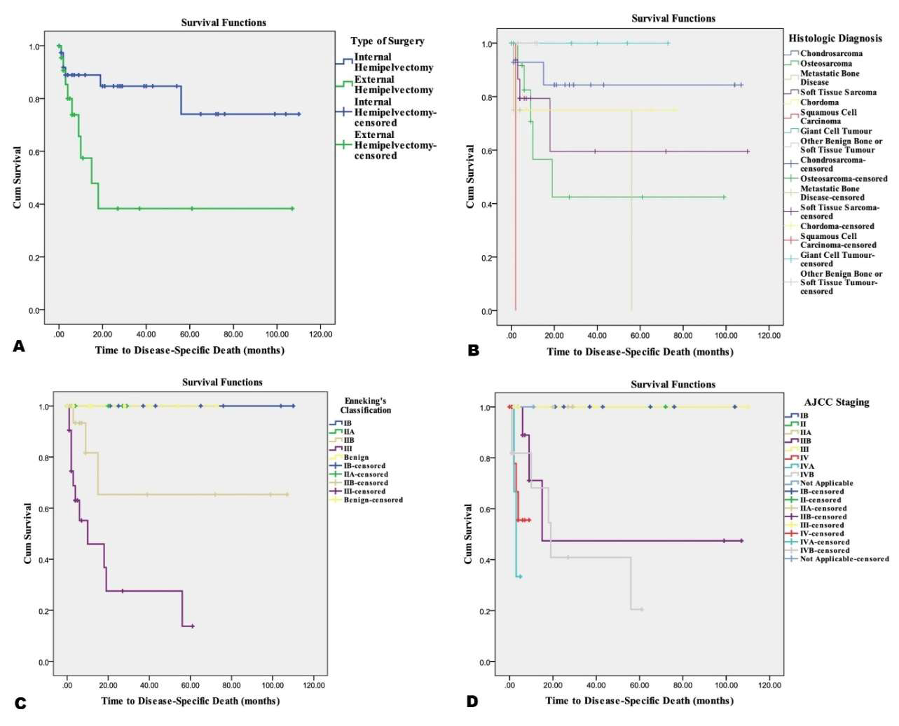 Kaplan–Meier survival curves depicting the influence of key clinicopathological factors on disease-specific survival, including (A) type of hemipelvectomy performed, (B) histological diagnosis, (C) tumour stage according to the Musculoskeletal Tumor Society (MSTS) staging system, and (D) tumour stage based on the American Joint Committee on Cancer (AJCC) staging system.